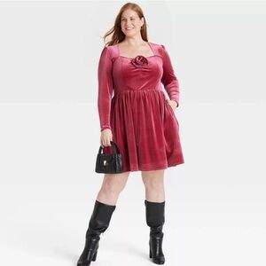 Elegant Pink Velvet Dress Women's Long Sleeve Rosette Midi A-Line Dress